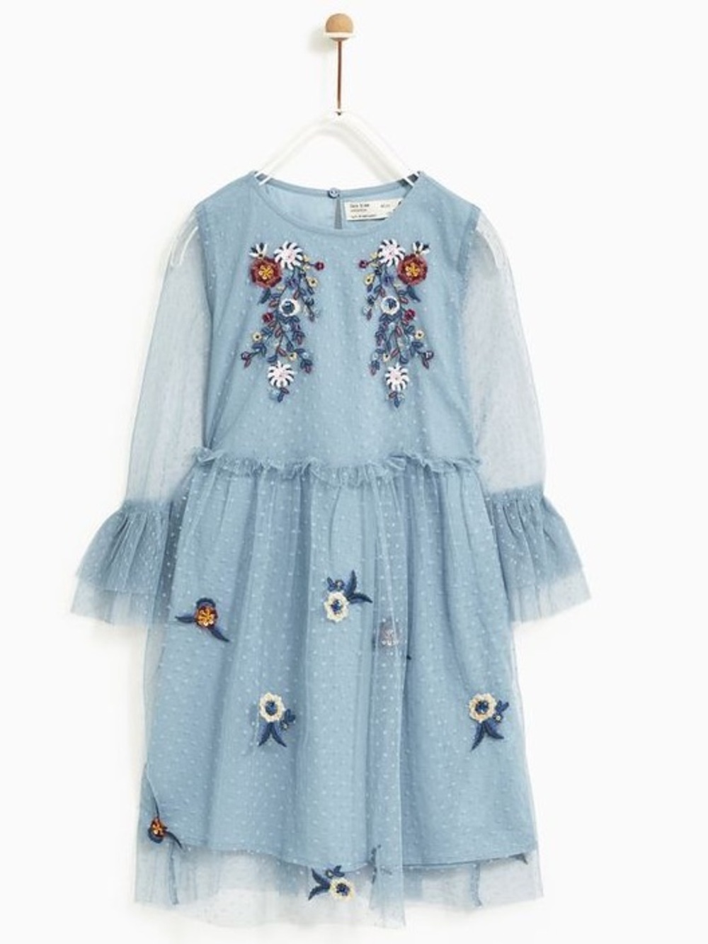 Zara Light Blue Embroidered Floral Girls' Dress